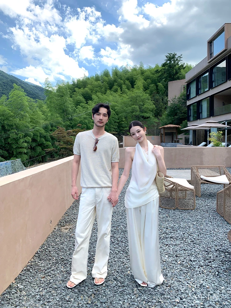 

Alin Summer Silk Leisure Wide Leg Pants Thin Dra White Long Trousers Casual High Waist Polyester Fiber Ladies Trousers