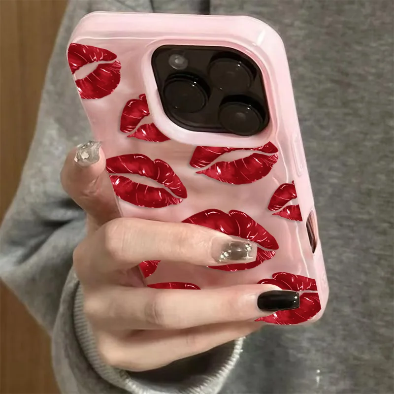 

Red Lip Print Mobile Silicone Phone Case For iPhone 17 16 15 14 13 12 Pro Max Plus 17 Air Folds Texture Shockproof Soft Cover
