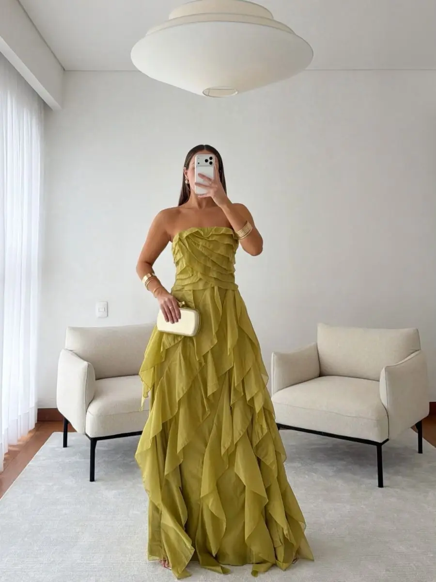 Custom Strapless Sleeveless Ruffled Maxi Gown Evening Dress Women‘s Dress Multi Layer Draped Smocked Back Zip Bridesmaid Dress