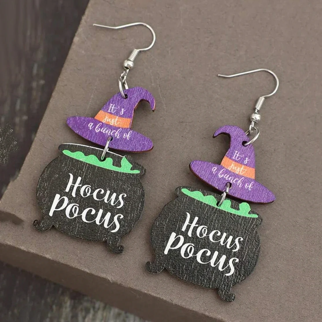 Cute Wooden Hocus Pocus Earrings For Women Cartoon Halloween Silver Color Hook Earings Purple Magic Hat Shape Chic Jewelry