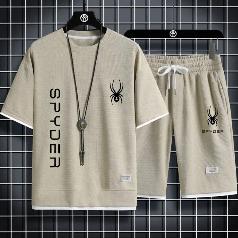 Spyder ชุดวอร์มผู้ชายแบบเกาหลีเสื้อยืดแขนสั้นและกางเกงกีฬาขาสั้นชุดลำลองฤดูร้อนชุดวิ่งชุดชุดสูทสองชิ้นผู้ชาย