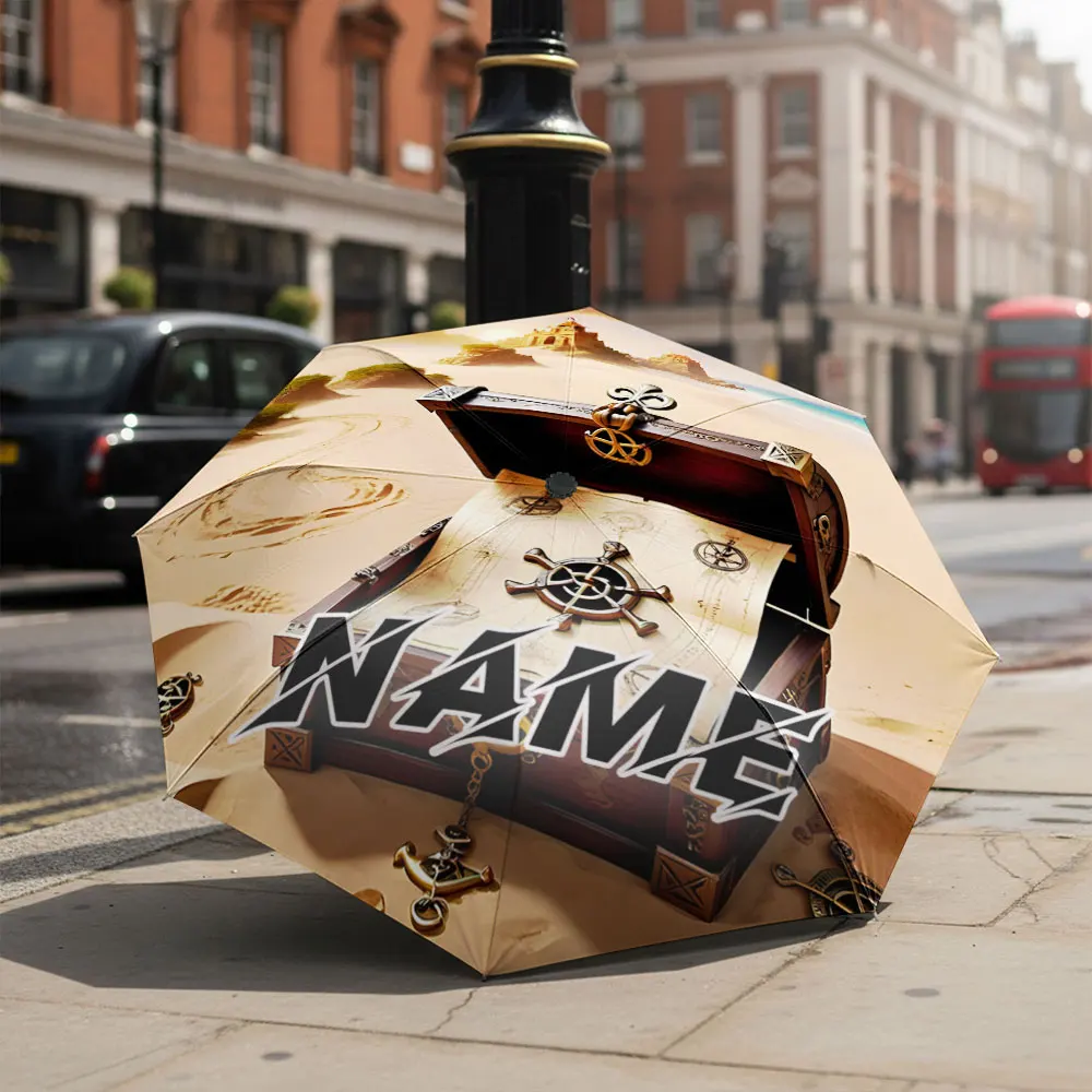 Custom Name umbrella, Mystical Treasure Chest on Deserted Island print Fashion Folding Umbrella for Sunny and Rainy Days,Gift