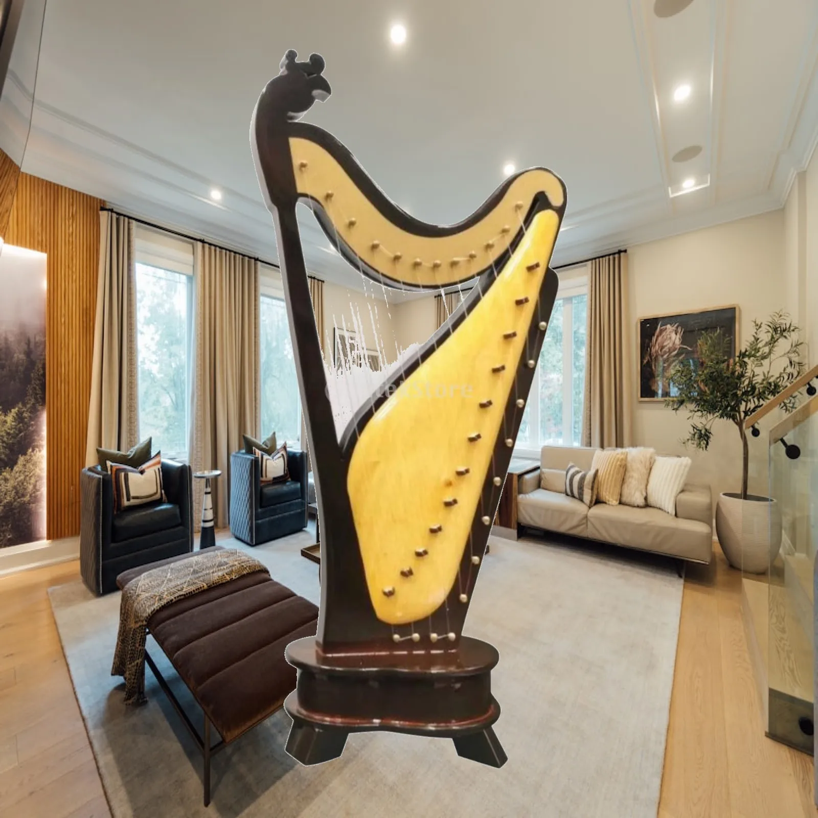 Wooden Mini Konghou Harp Figurine Traditional Stringed Instrument Ornament Compact Decor for Tabletop Bookshelf TV Cabinet