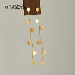 Simple Korean Disc Long Glossy Sequin Stud Earrings for Women Stainless Steel 18k Gold Plated Jewelry