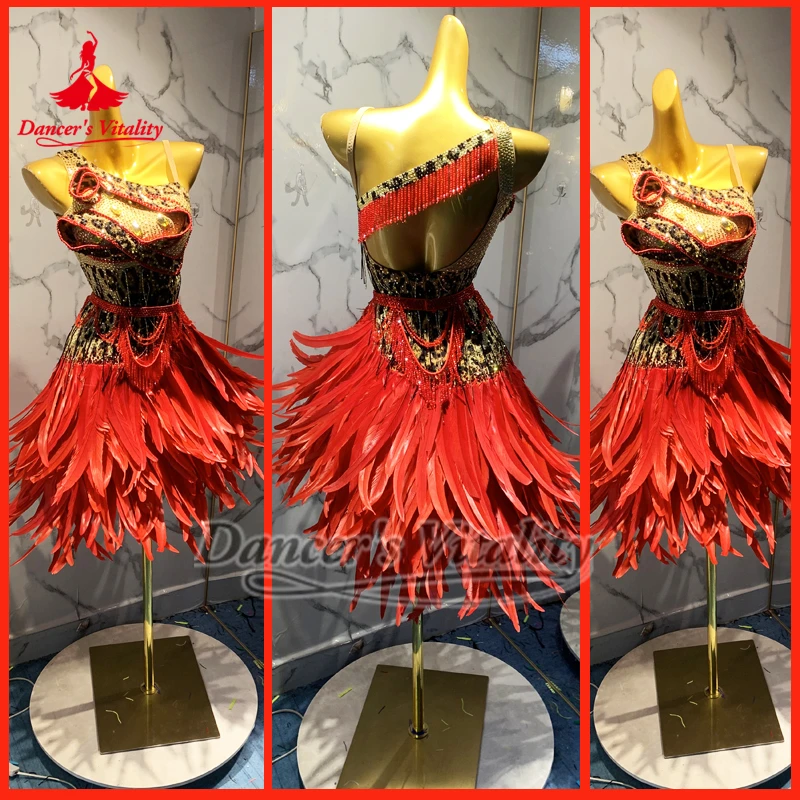 삼바 레오파드 인쇄 붉은 깃털 스타일 민소매 드레스 성인 라틴 패션 디자인 전문 경쟁 의류 맞춤형