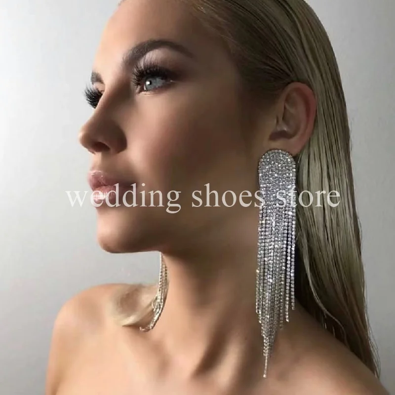 

Wedding New Super Flash Diamond Long Tassel Earrings Women Diamond-bordered Claw Chain Earrings Temperament Party Earrings