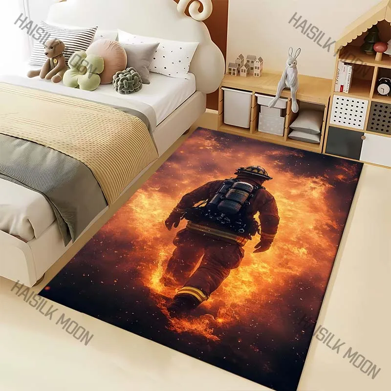 1PC Firefighter walking through flames Print Carpet for Living Room Bedroom Sofa Home Decor Rus Non-slip Floor Mat Luxury Gift