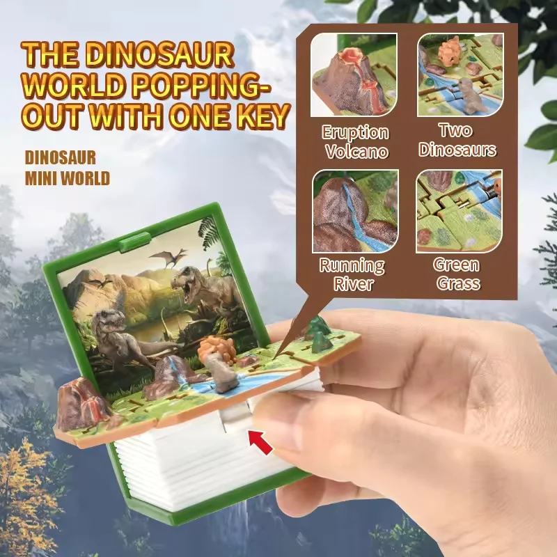 Mini Pop-up Dinosaur World Book Keychain, 3D Foldable Volcano Scene Toy, Cute Stress Relief Key Ring Pendant