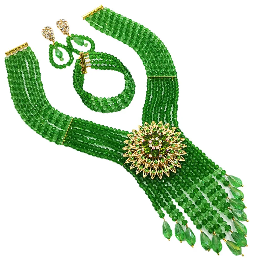 African Wedding Dual Color Gradient Green and Light Green Droplet Tassel Necklace Nigerian Bride Wedding Jewelry Set XT-06