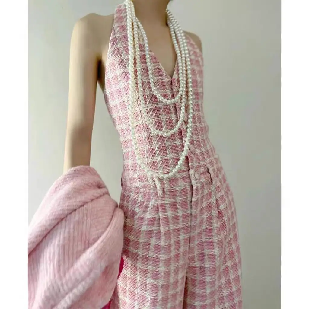 Tweed Weaving High Waist Loose Straight Leg Jumpsuit Pant Elegant Women Fall korean cloth overalls romper  one piece outfit 2024