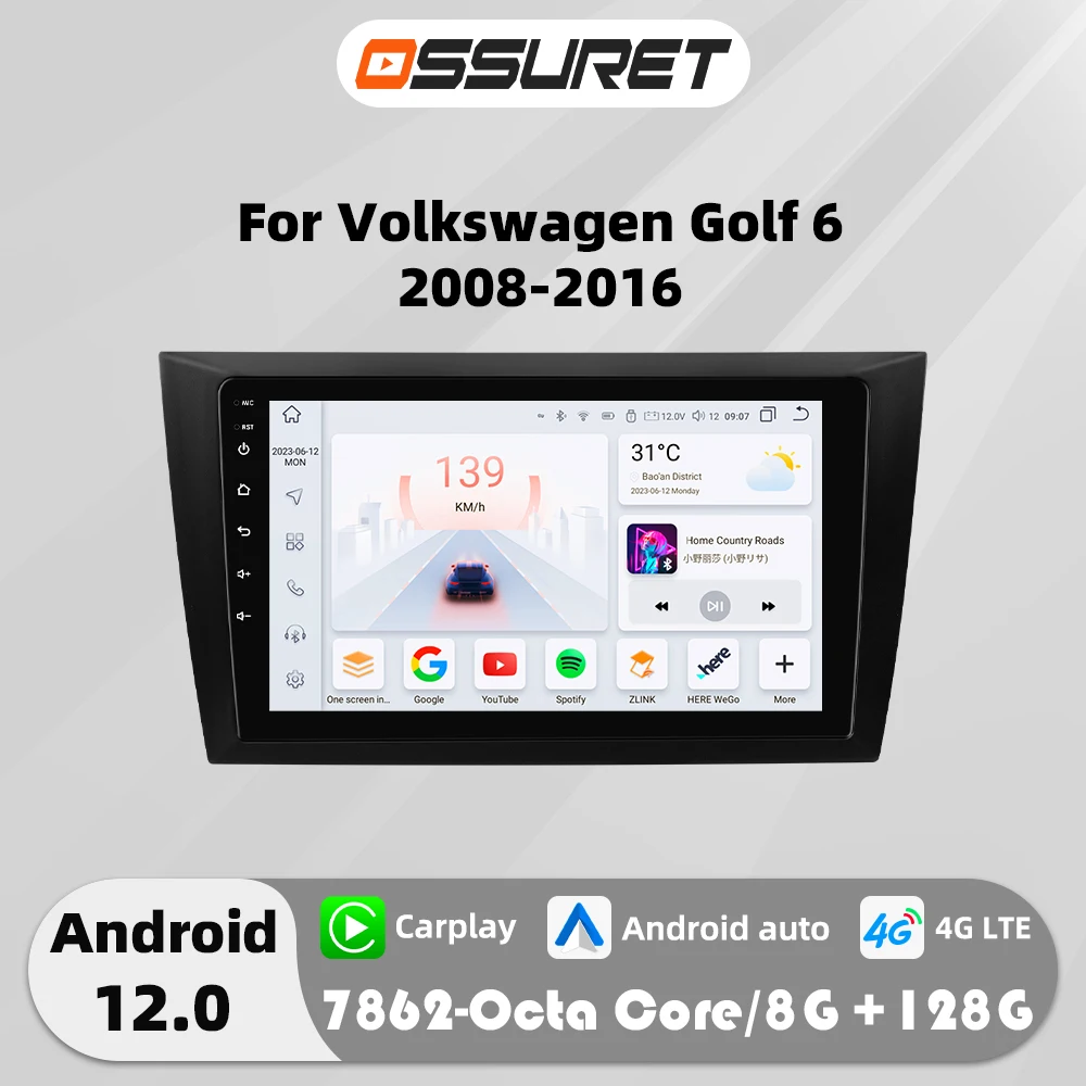 2din Android 12 Carplay for Vw Volkswagen GOLF 6 2008 2009 2010-2016 Car radio mulitmedia Video player GPS navi Stereo Screen FM