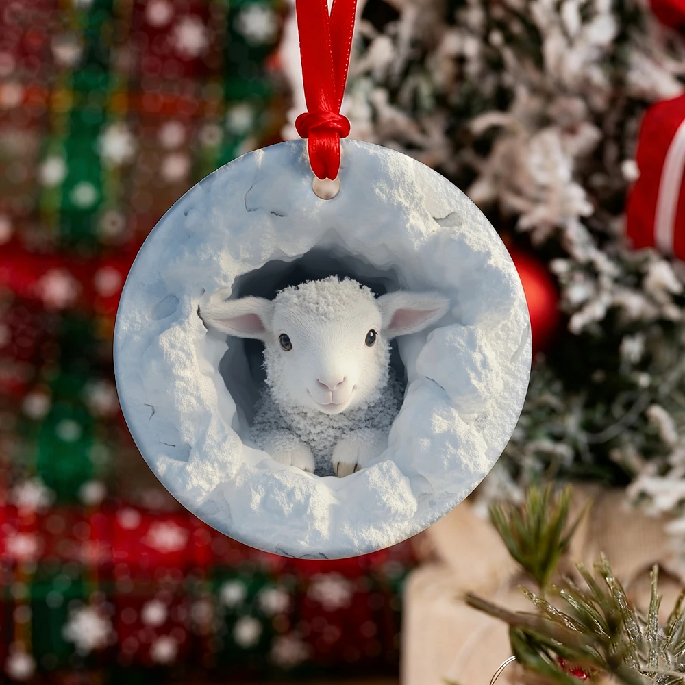 

1 керамический рождественский кулон в виде овцы - круглый снежный ягненок с рисунком снежинки, подвесное украшение для рождественской елки