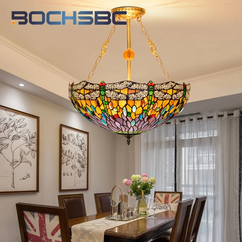 BOCHSBC Tiffany stained glass Vintage style chandelier Art Deco Hotel Living Room Dining Room Bedroom Cafe hanging bowl light