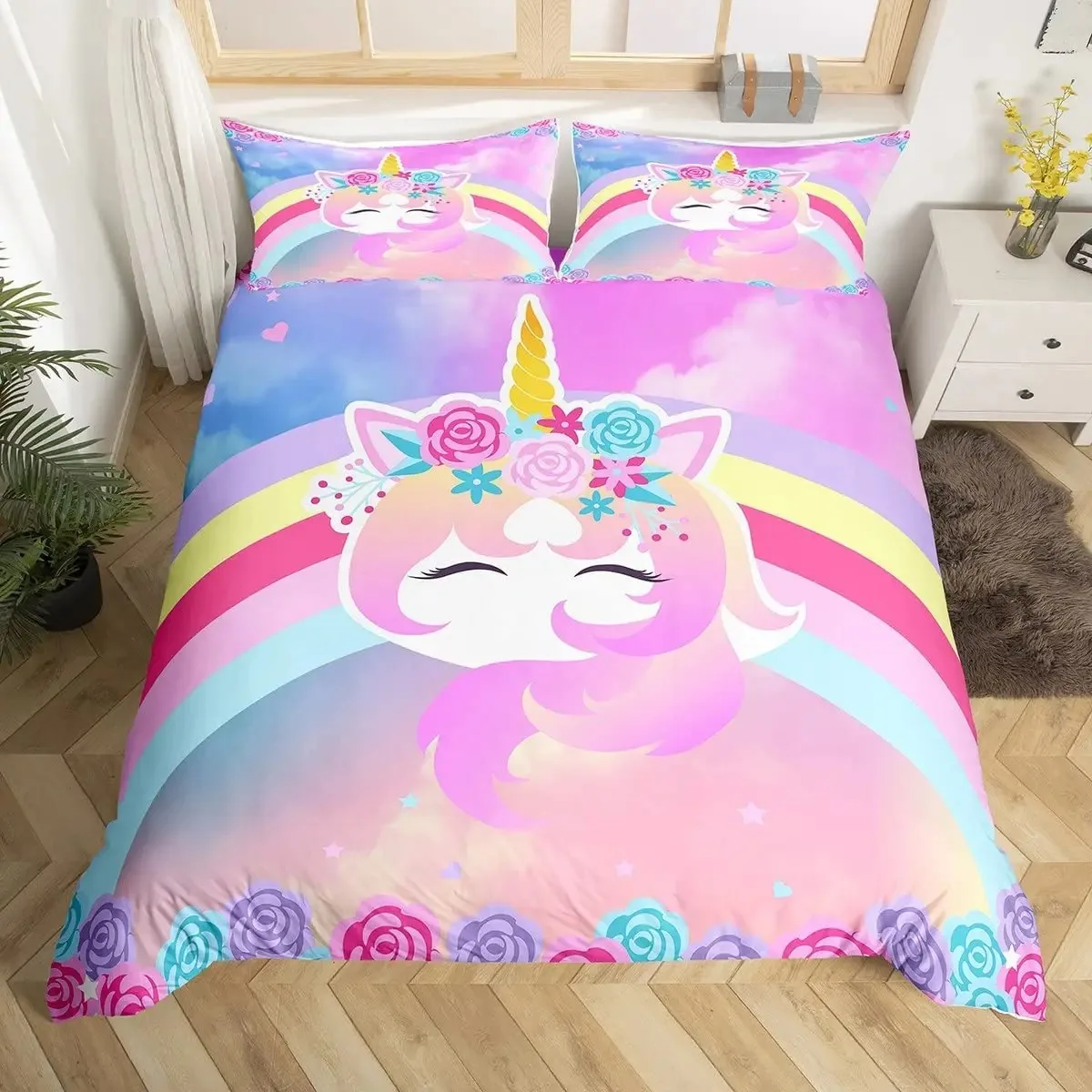 

Rainbow Unicorn Duvet Cover Cute Dreamy Horse Comforter Cover Cartoon Little Unicorn Bedding Set Twin For Girl Teen Kawaii Gifts