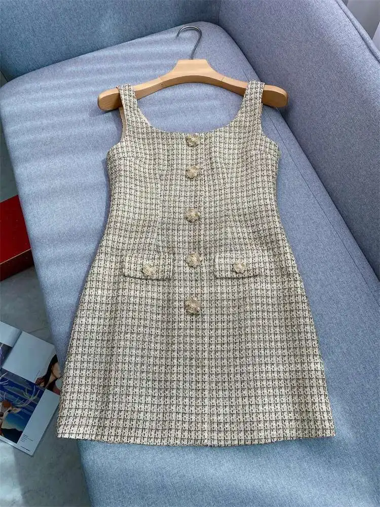 Quality Autumn Winter Beading Diamonds Gold Button Tweed Two Piece Set Women Dress Suits Jackets Coats Short Skirts 2pcs Outfits