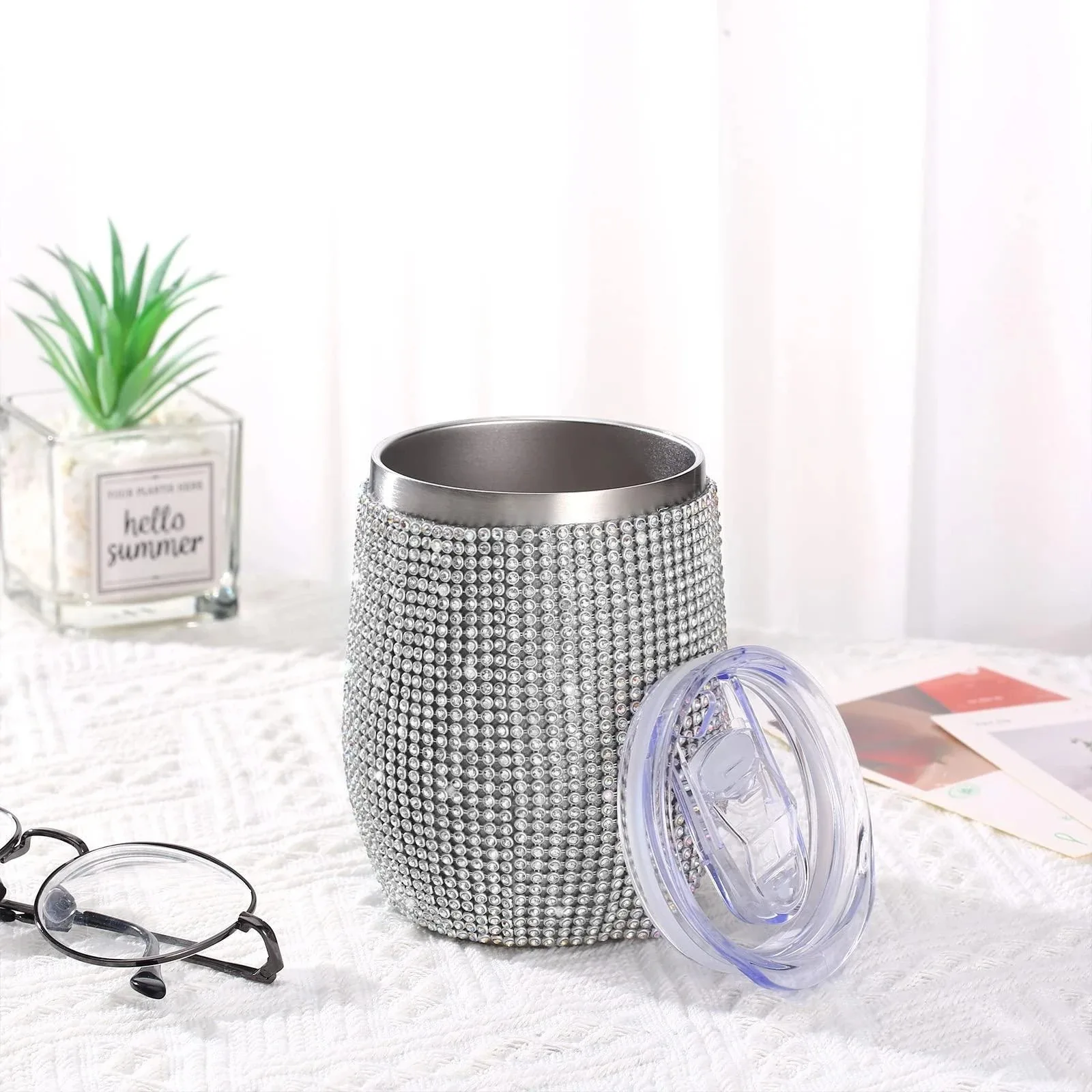 كأس بهلوان حجر الراين اللامع 20 أونصة؛ زجاجة مياه كريستالية ماسية لكوكتيلات النبيذ؛ الفولاذ المقاوم للصدأ اللامع مع غطاء