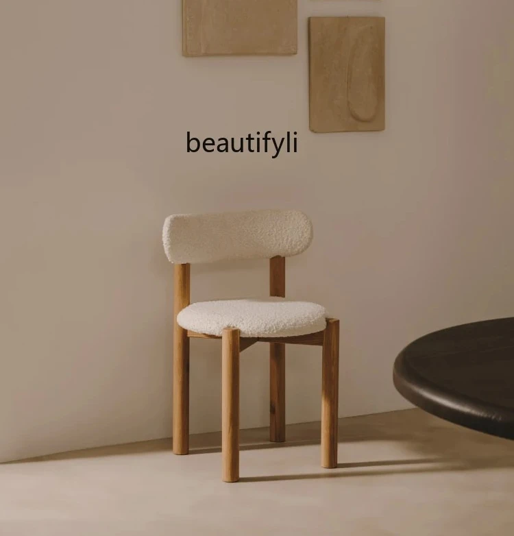 Solid wood dining chair medieval single chair flannel Nordic cream dining table chair light luxury soft bag