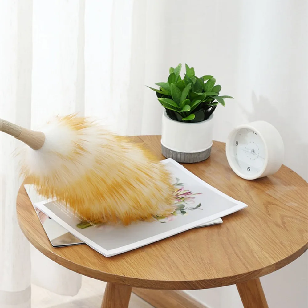 Yellow Long Wooden Handle Static Wool Duster Wood, Wool, Plastic, Fiber Pole length 22cm Anti-shed Fluffy Feather Dust Cleaner view 3