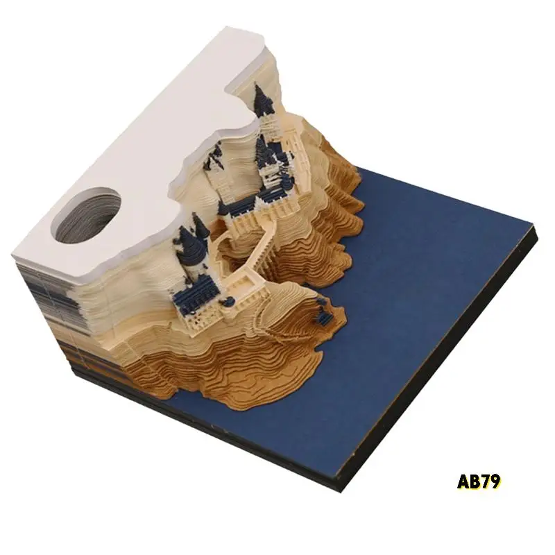 1 セット 3D 城カレンダー LED ライト付き紙彫刻アート卓上カレンダーマジックキャッスルウィークリーカレンダーメモ帳ペンホルダー