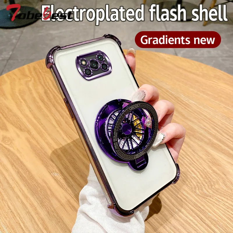 Glitter Shockproof Gradient Plating Gyro phone holder Case For Xiaomi POCO X3 NFC Pro Silicone Cover