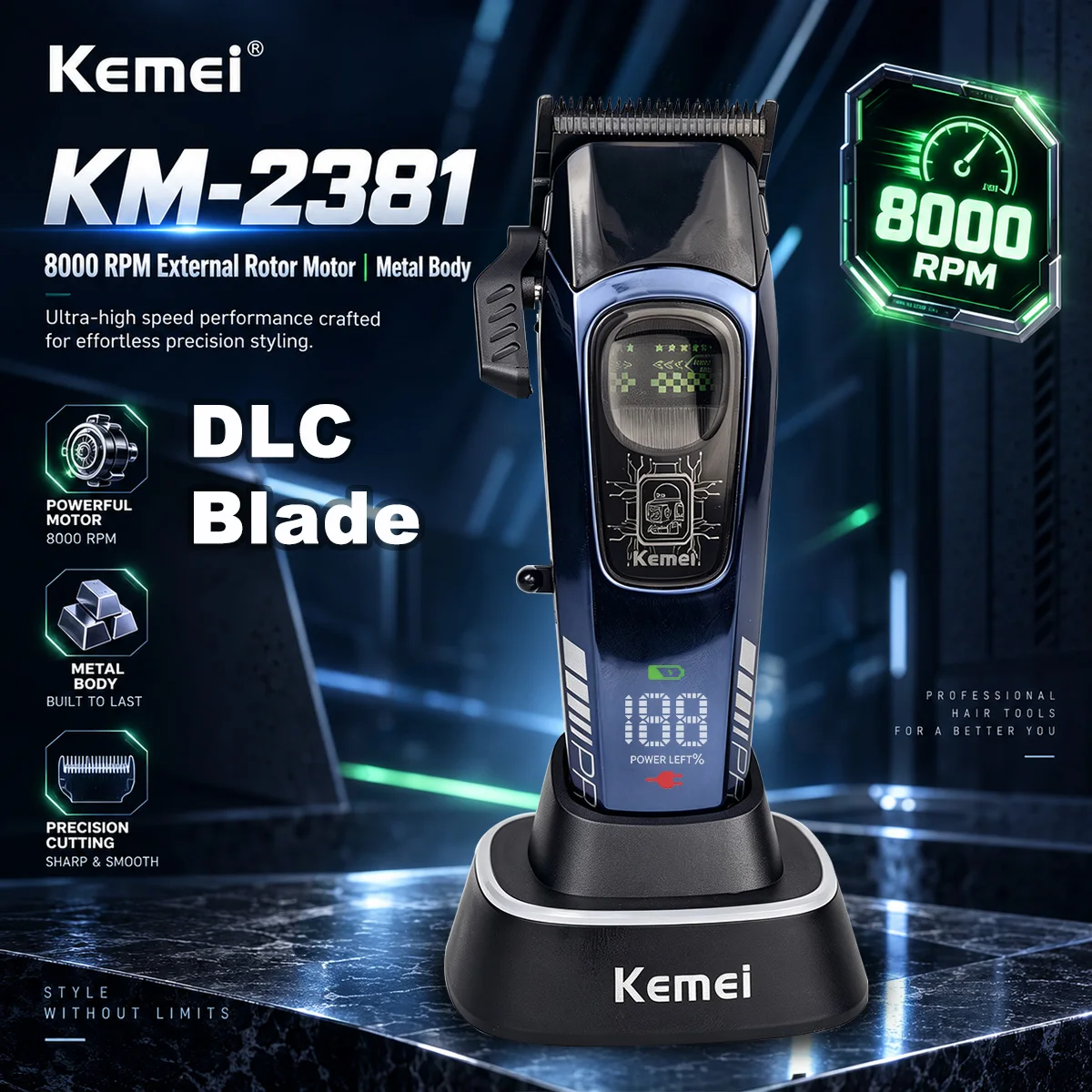 Kemei 2381 Professional Hair Clipper for Men External Rotor Brushless Motor with Base Charger LED Display Men's Haircut Machine