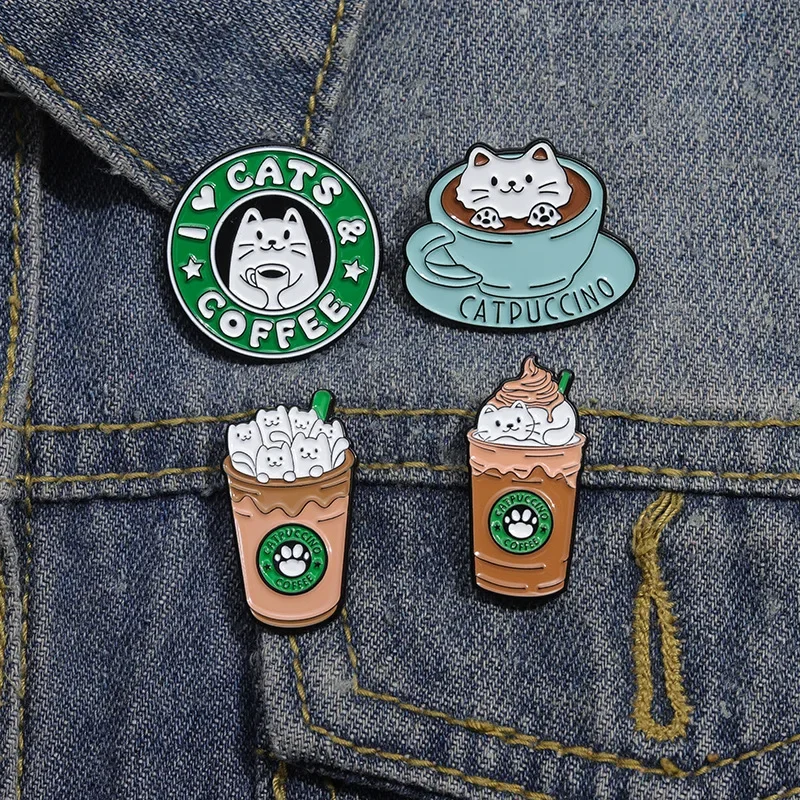 Lapel Pins New Alloy Brooch Cartoon Cat Ice Cream Coffee Shaped Baked Paint Anti Glare Buckle Enamel Pin Brooches on Clothes