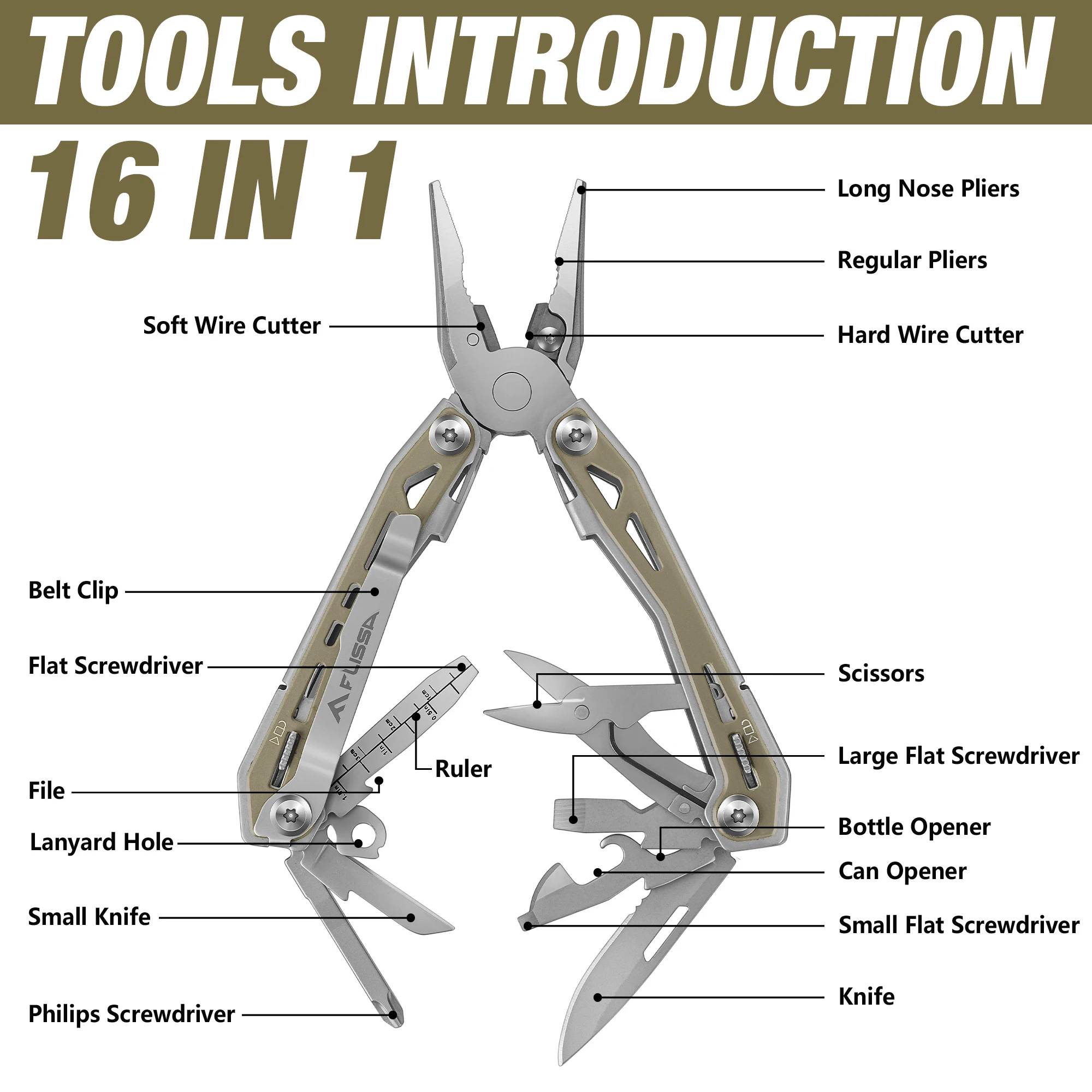 FLISSA Multi Tool Pliers Desert Tan 16 in 1 Stainless Steel Multipurpose tool with Tactical Multitool Knife, Screwdrivers