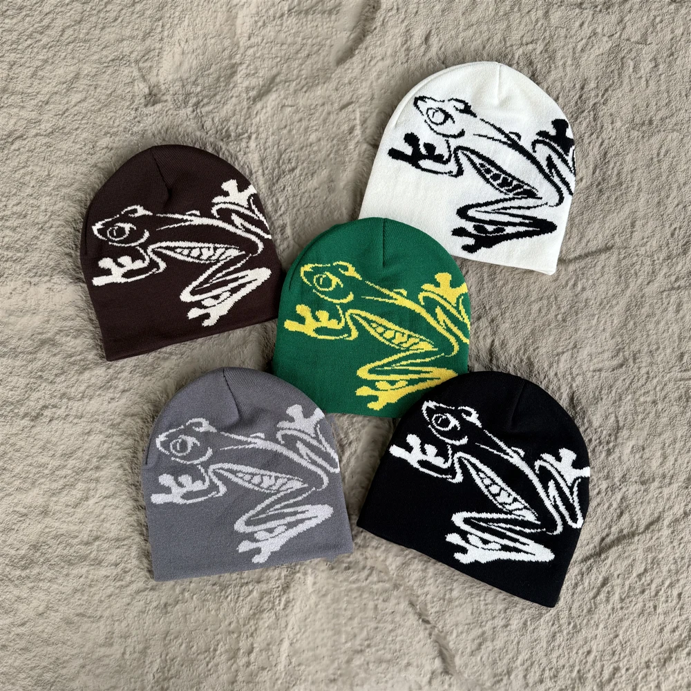American Style Beanie For Men Women High Quality Embroidery Frog Pattern Hat 100%Cotton Daily Outdoor Stretchable Cap
