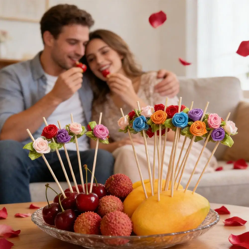 Rose Flower Cocktail Picks, 4.7 Inch Long Bamboo Fancy Toothpicks For Appetizers, Food Drinks Fruit Skewer Sticks 100 Counts