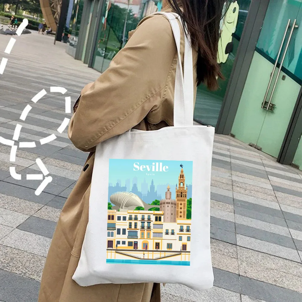 Montreal Mumbai Munich New Delhi Osaka Petra Prague Quebec Rejkjavik Riga Seoul Korea Canvas Shopping Totes Bag Shopper Handbags