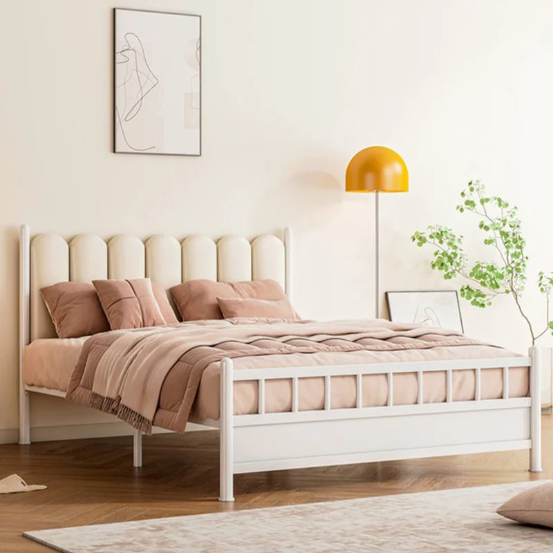 

Thickened Iron Bed Frame Sturdy Modern Mattress Pallet with Pad Leather High Headboard Simple Metal Bed Bases Bedroom Bedstead