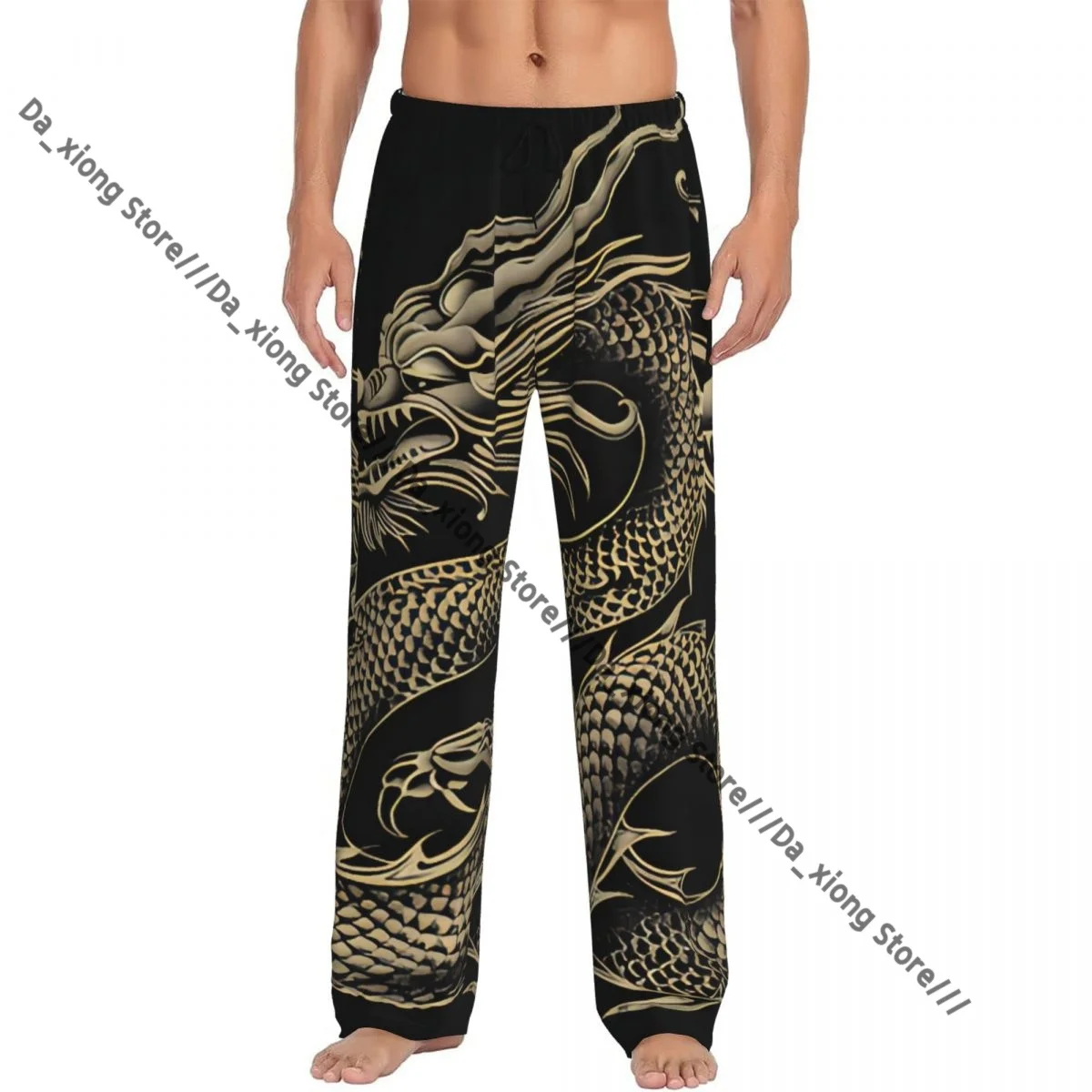 

Мужская повседневная пижама с длинными брюками, свободный эластичный пояс, дракон на черном фоне, уютная одежда для сна, домашние брюки для отдыха