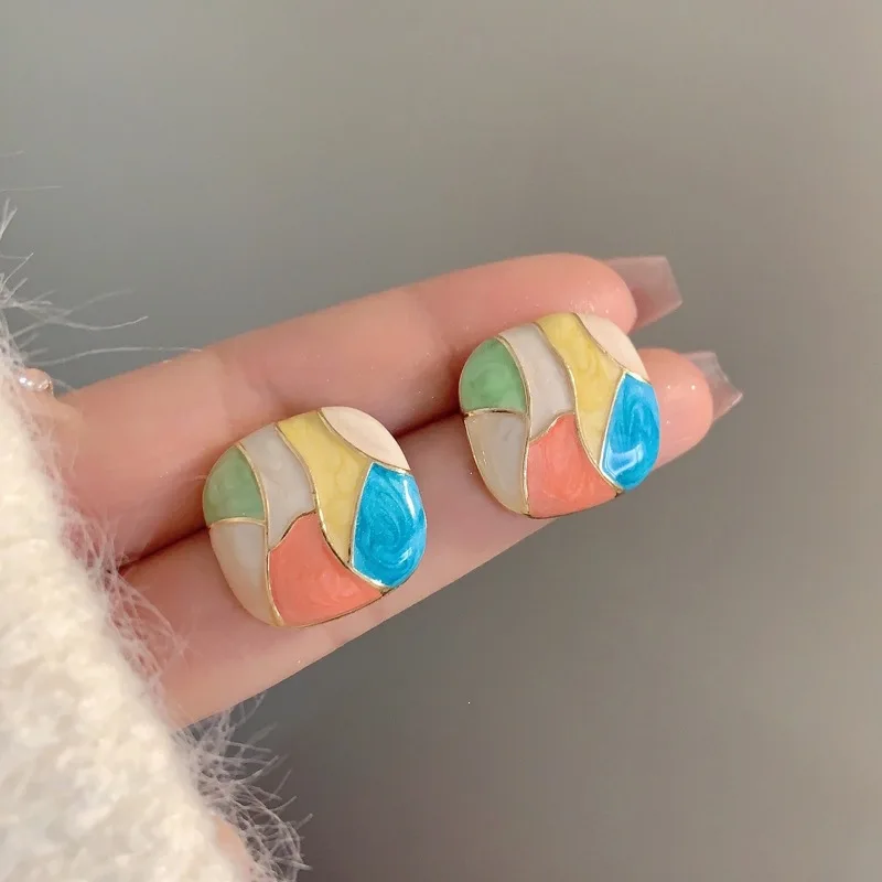 Artistic Retro Hong Kong Style Multicolor Geometric Earrings Swirl Glaze Niche Luxury Temperament Women Statement Ear Jewelry
