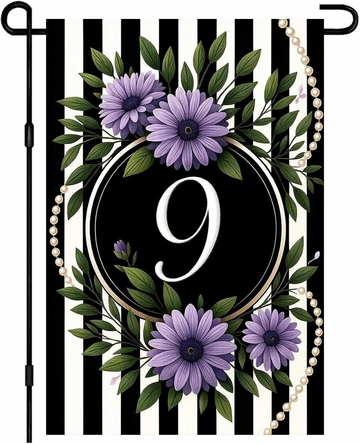 Spring Floral Garden Flag 12x18 Inch Double Sided | Purple Daisy Number 9 Black White Stripes Floral Circle Farmhouse for fa uui