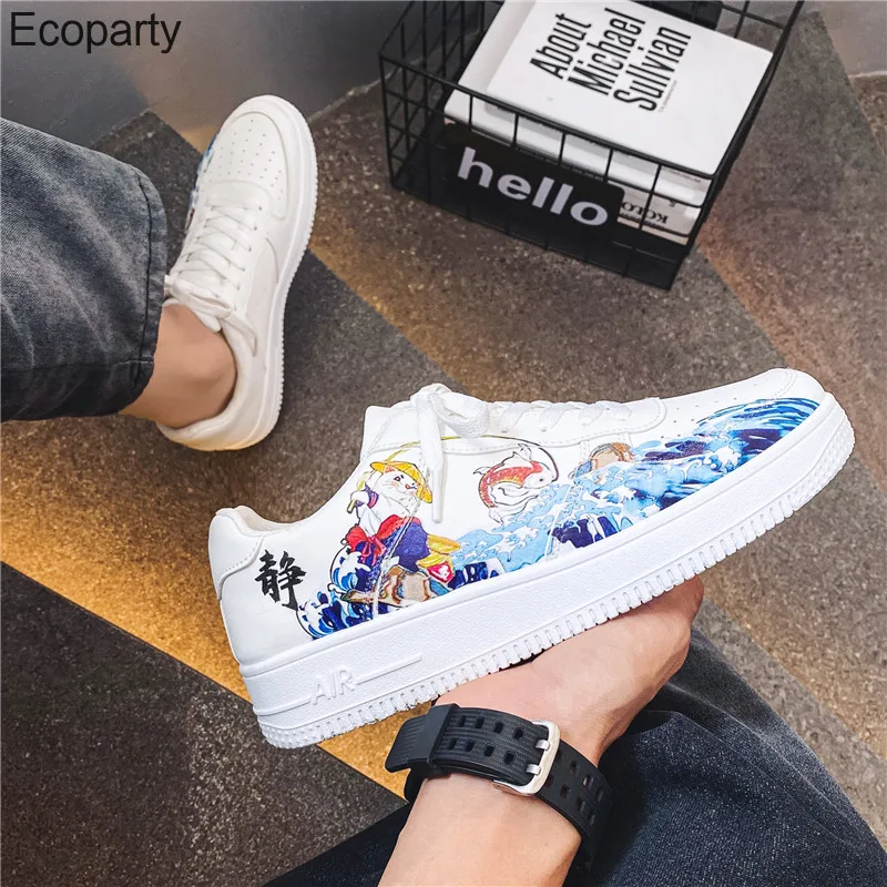 Fishing Cat Anime Man Skateboard Shoes White Comfort Hard-Wearing Spring Casual Flat Sneakers Street All-Match Fashion Shoes 50