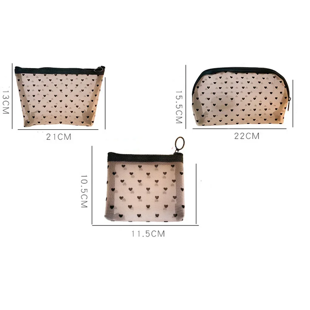 Bolsas de almacenamiento de malla con forma de corazón transparente para mujer, bolsa de cosméticos necesaria, organizador de viaje, bolsas de aseo