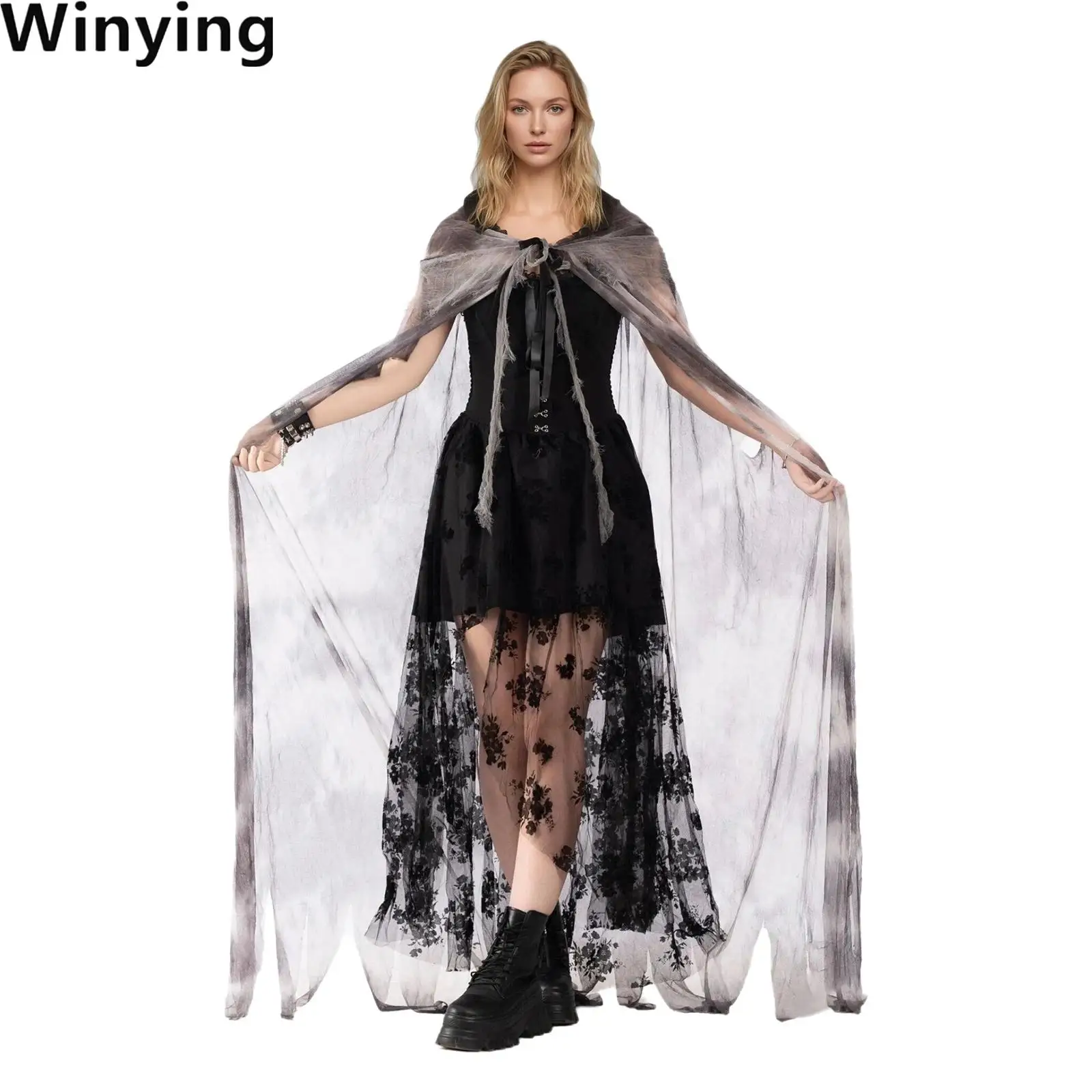 Halloween Hood Cloak with Exaggerated Ripped Mesh Lace-up Cape for Men Women Cosplay Theme Party Masquerade