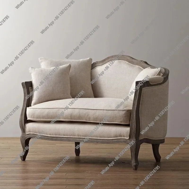 

J French Vintage Solid Wood Fabric Sofa Three-seater Small Apartment Living Room Combination American Log Home Customization
