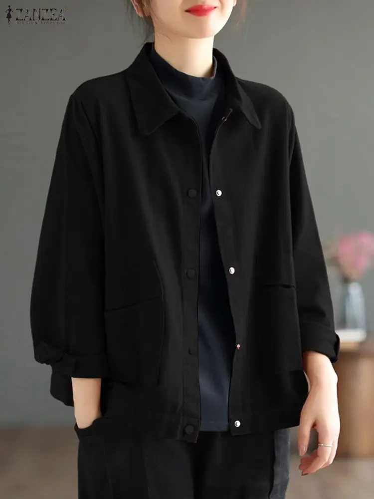 ZANZEA الخريف المرأة سترة قميص الصلبة رقيقة جاكيتات معاطف 2025 موضة التلبيب الرقبة بلوزة طويلة الأكمام أزرار عادية أسفل معاطف