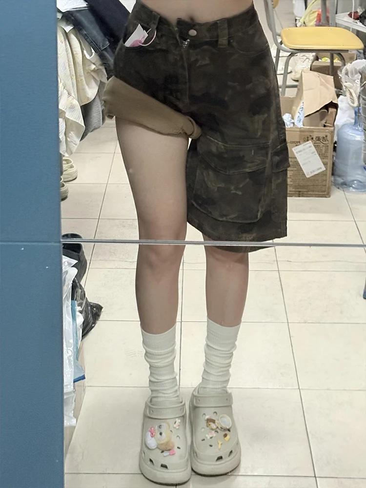 

American Sle Vintage Camouflage Multi-ket Work Pants Women Summer Loose Slim Straight Casual Wide Leg Five-Quarter orts