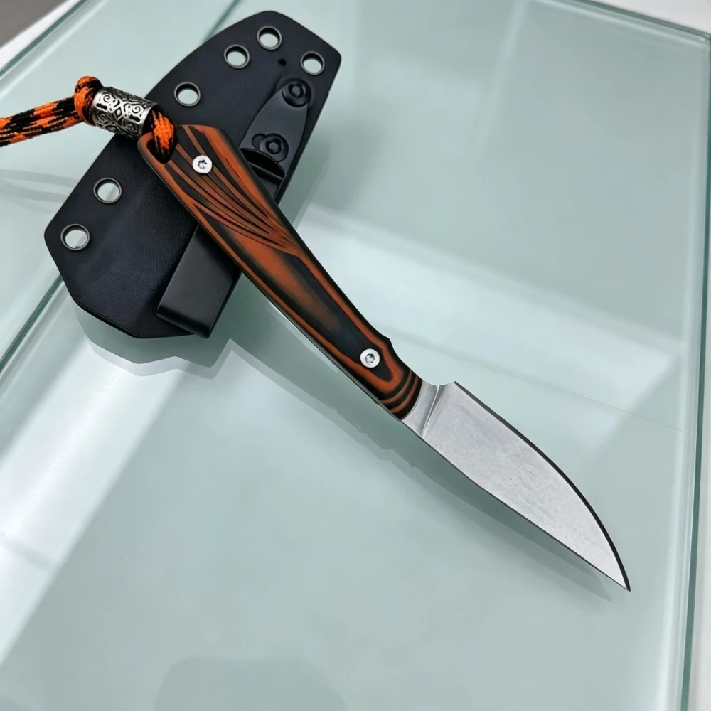 High-quality Kitchen Fruit Knife with Lanyard Portable Freezout-Orange & Black G10 Handle Outdoor Straight Knives with K Sheath