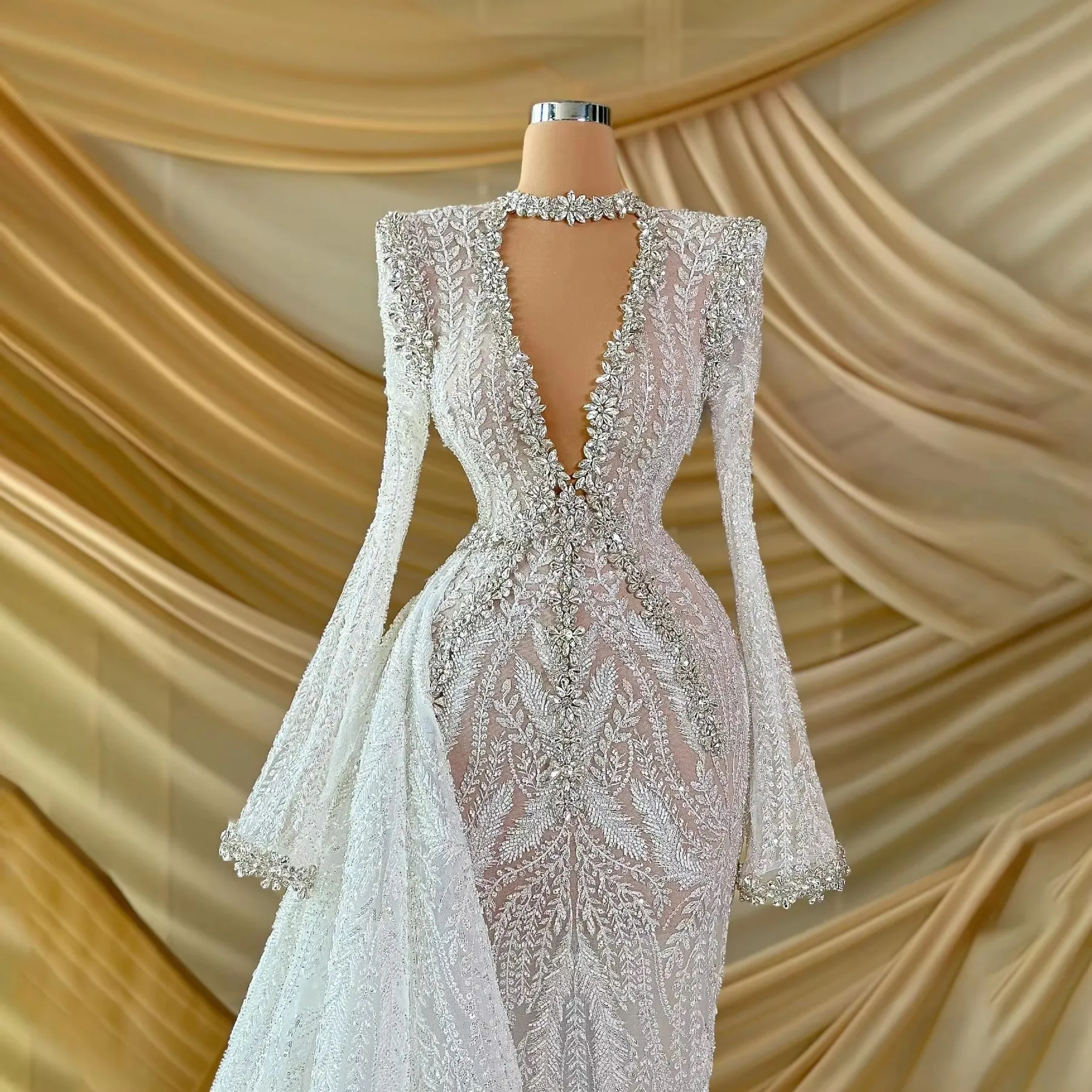 

Luxurious Beaded Shiny Right Angled Shoulder Wedding Dress Custom Dress Deep V Mermaid Women'S Party Dress