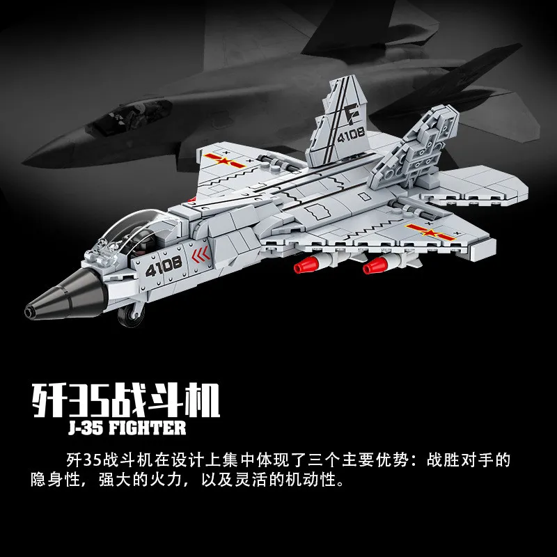 Blocos de construção de aeronaves de combate furtivas J-35 - Kit de modelo de jato de ataque militar, presente de brinquedo colecionável para adultos