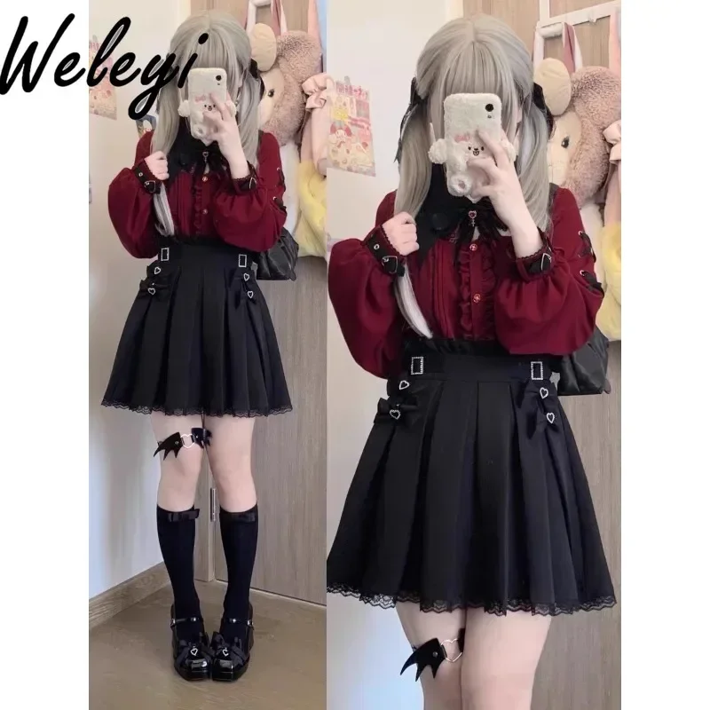 Y2k Wine Red Long Short Sleeve Shirts Ropa Mujer Halloween Blood Sucking Ji Sweet Blouses Cool Mine Style Bat Lace Collar Tops