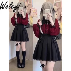 Y2k Wine Red Long Short Sleeve Shirts Ropa Mujer Halloween Blood Sucking Ji Sweet Blouses Cool Mine Style Bat Lace Collar Tops