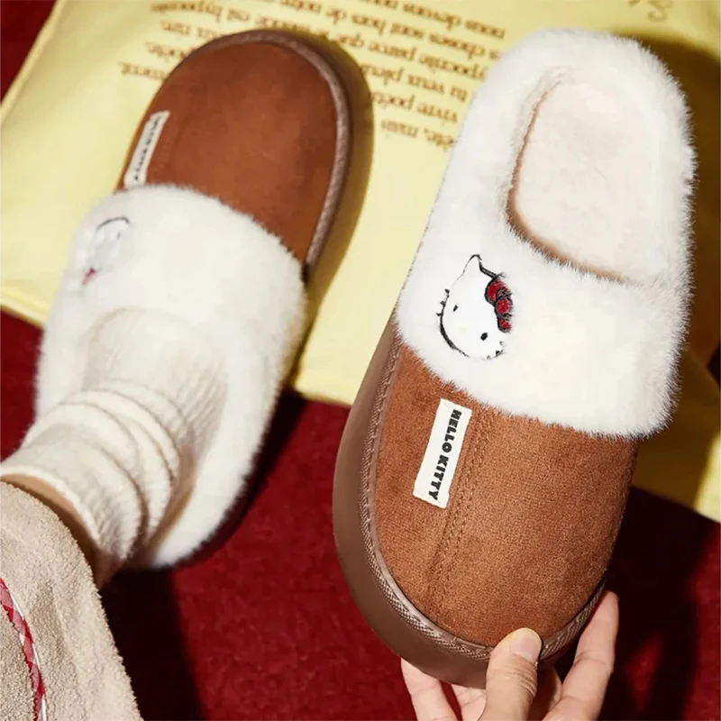 Hello Kitty Plush Slippers Winter Cosy Warm Slippers Women Men Cotton Slipper Non-Slip Soft Slides Indoor Mule Home Cotton Shoes