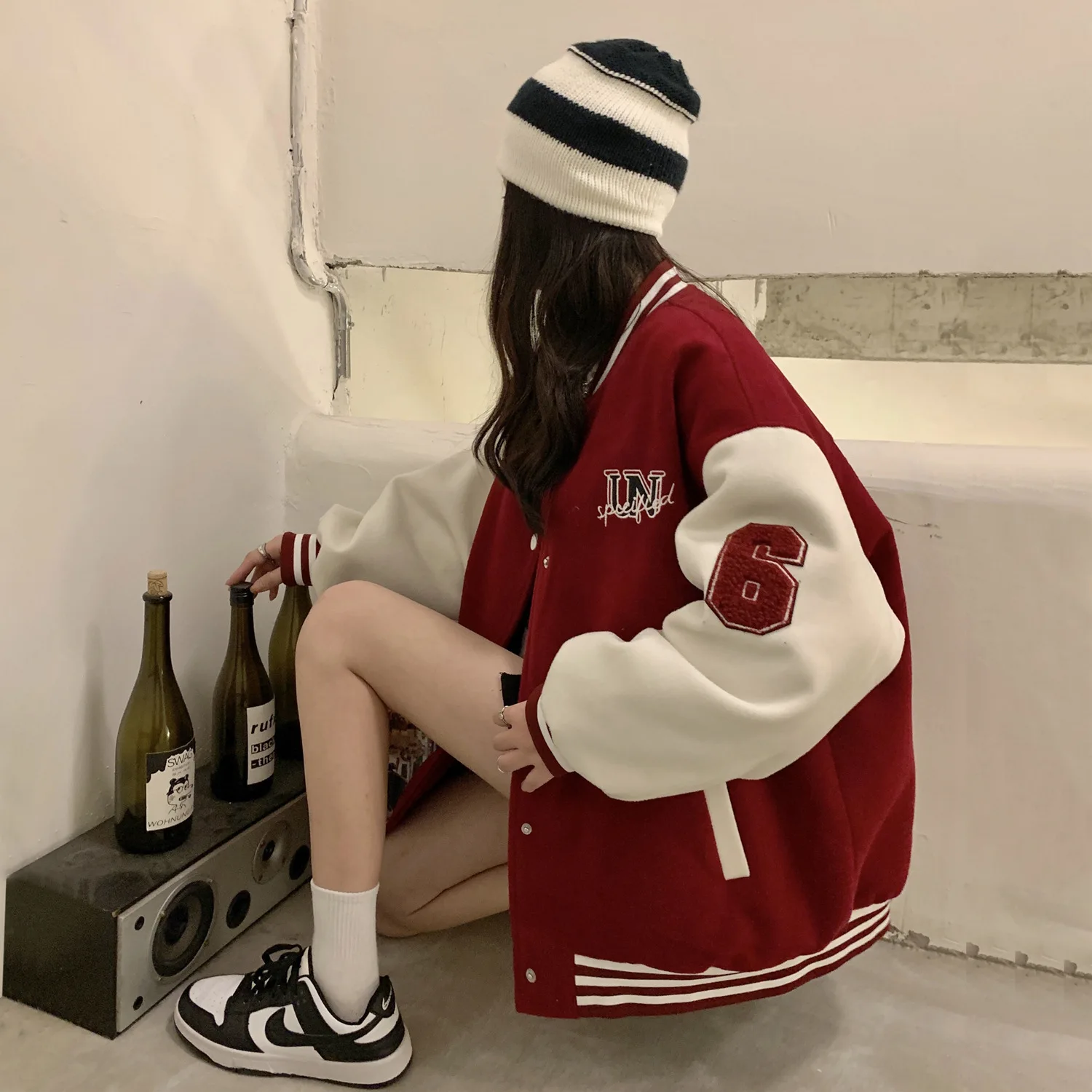 2022 Spring Autumn Woman Jacket Contrasting Colors Hongkong Composite Fleece Baseball Jacket Fahion Bomber Coat