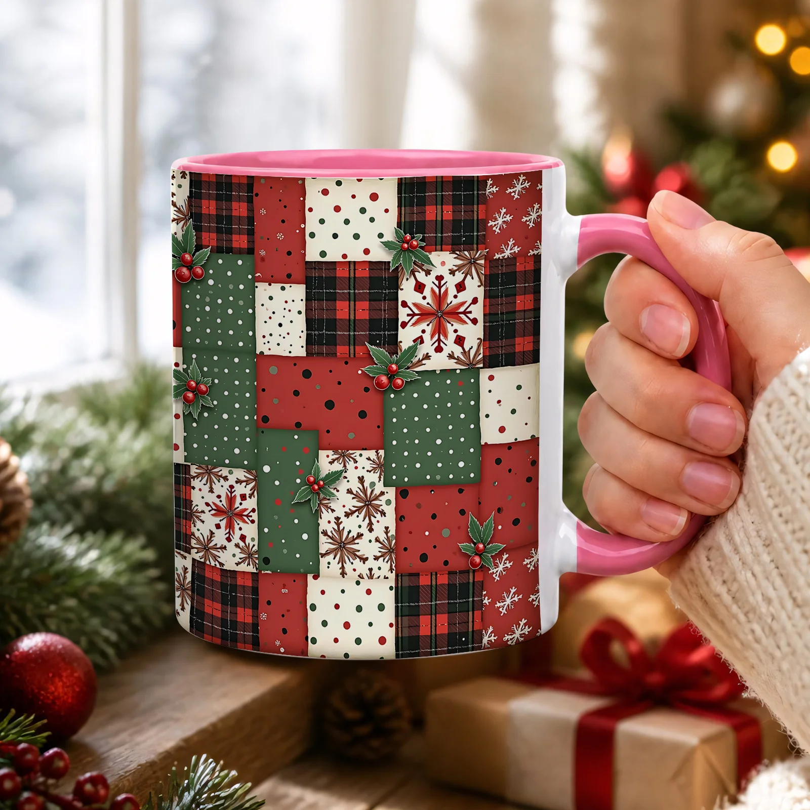 1pc 11Oz Christmas Patchwork Ceramic Coffee Mug - Buffalo Plaid Snowflake Patchwork Pattern, Ideal Gift for Holiday Lovers, Perfect for Home Office Daily Use, Christmas Party Winter Drink, Birthday Housewarming Holiday Present for Coffee Tea Lovers
