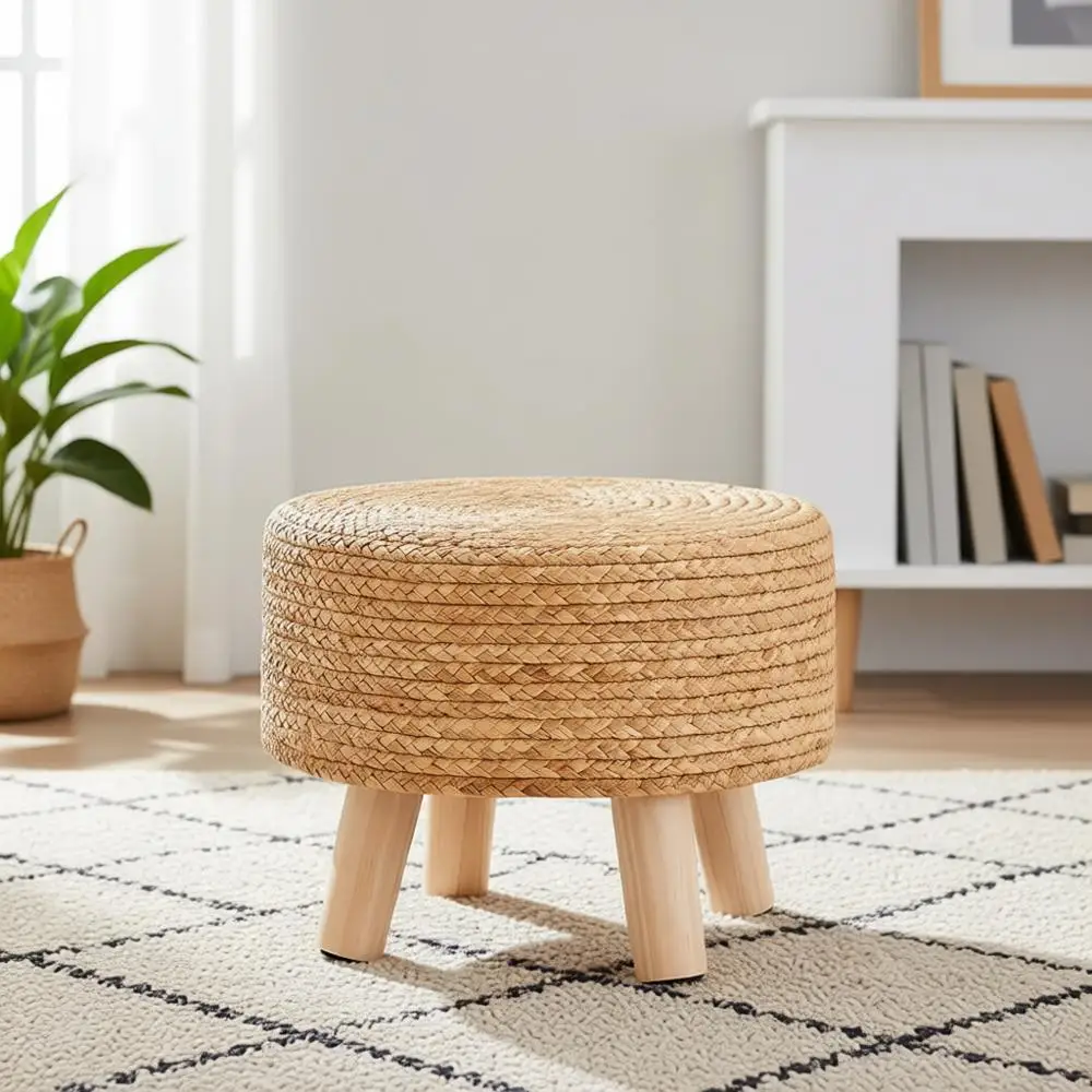 

Round Natural Water Hyacinth Outdoor Patio Seagrass Ottoman with Wood Legs, Suitable for Living Room, Bedroom, or Garden