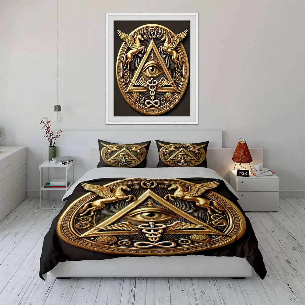 Golden Eye Triangle Decor Set Bedding Set with 1 Duvet Cover 2 Pillowcases Single Double King Queen, Gift